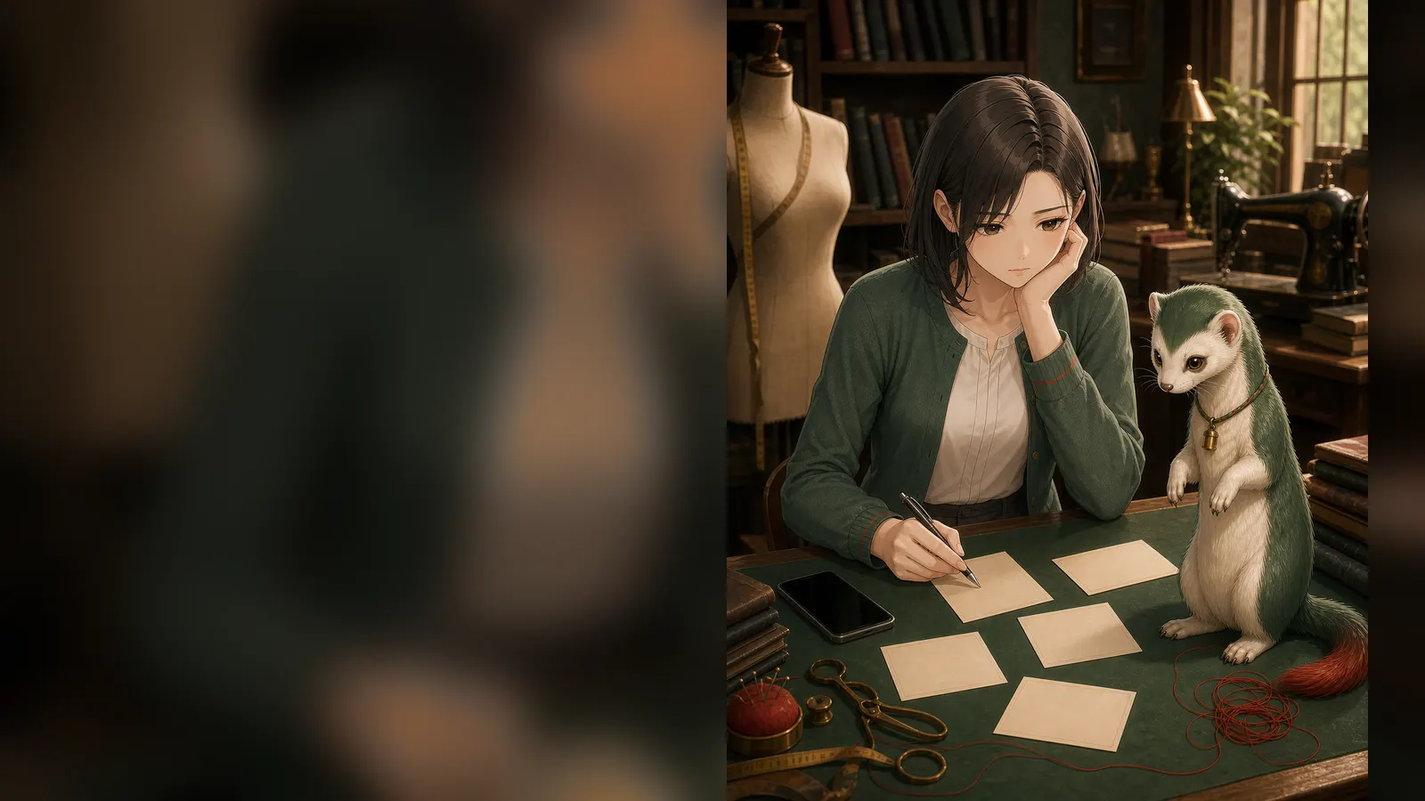 ユズが何度も書き直した下書きの前で止まり、モンメが赤い糸の重さへ反応する場面