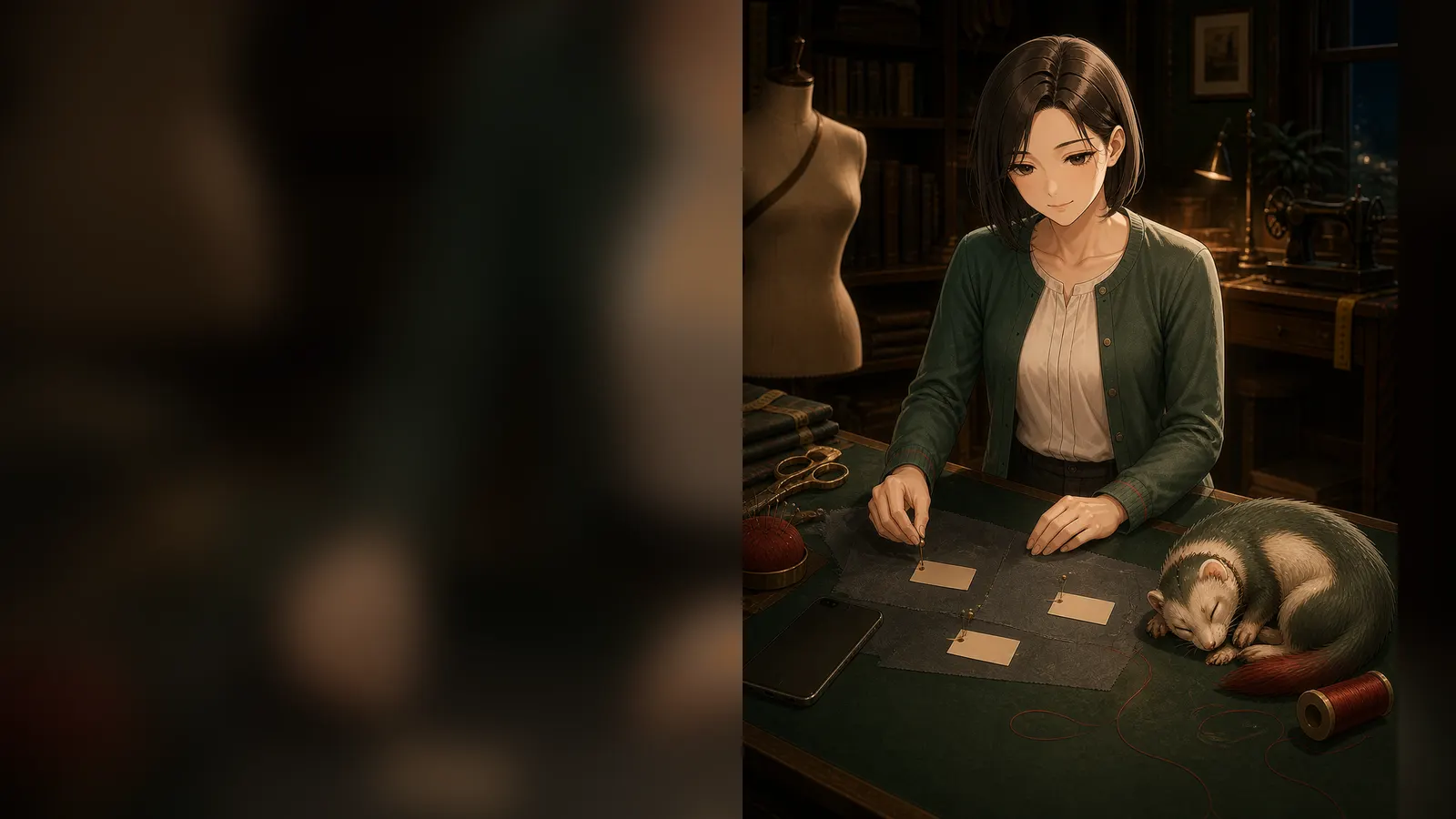 ユズがスマートフォンを離して下書きを一晩置き、モンメが丸くなる場面